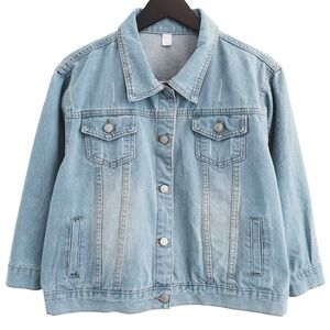 Denim Jacket‎ Women XL Light Wash Distressed Button Up 3/4 Sleeve Trucker Jacket